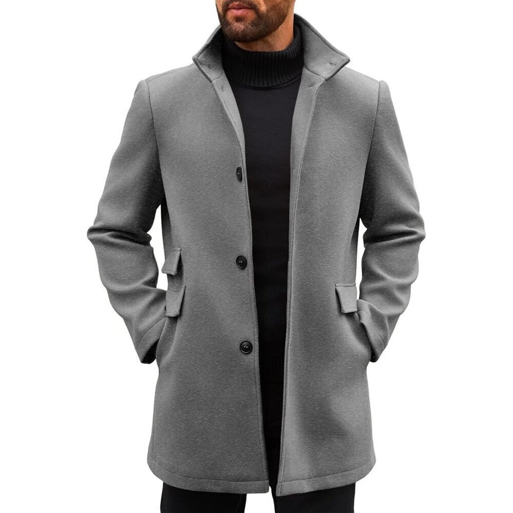 Men's Gray Pea Coats Single Breasted Stand Collar Casual Slim Fit Trench - Picture 1 of 5